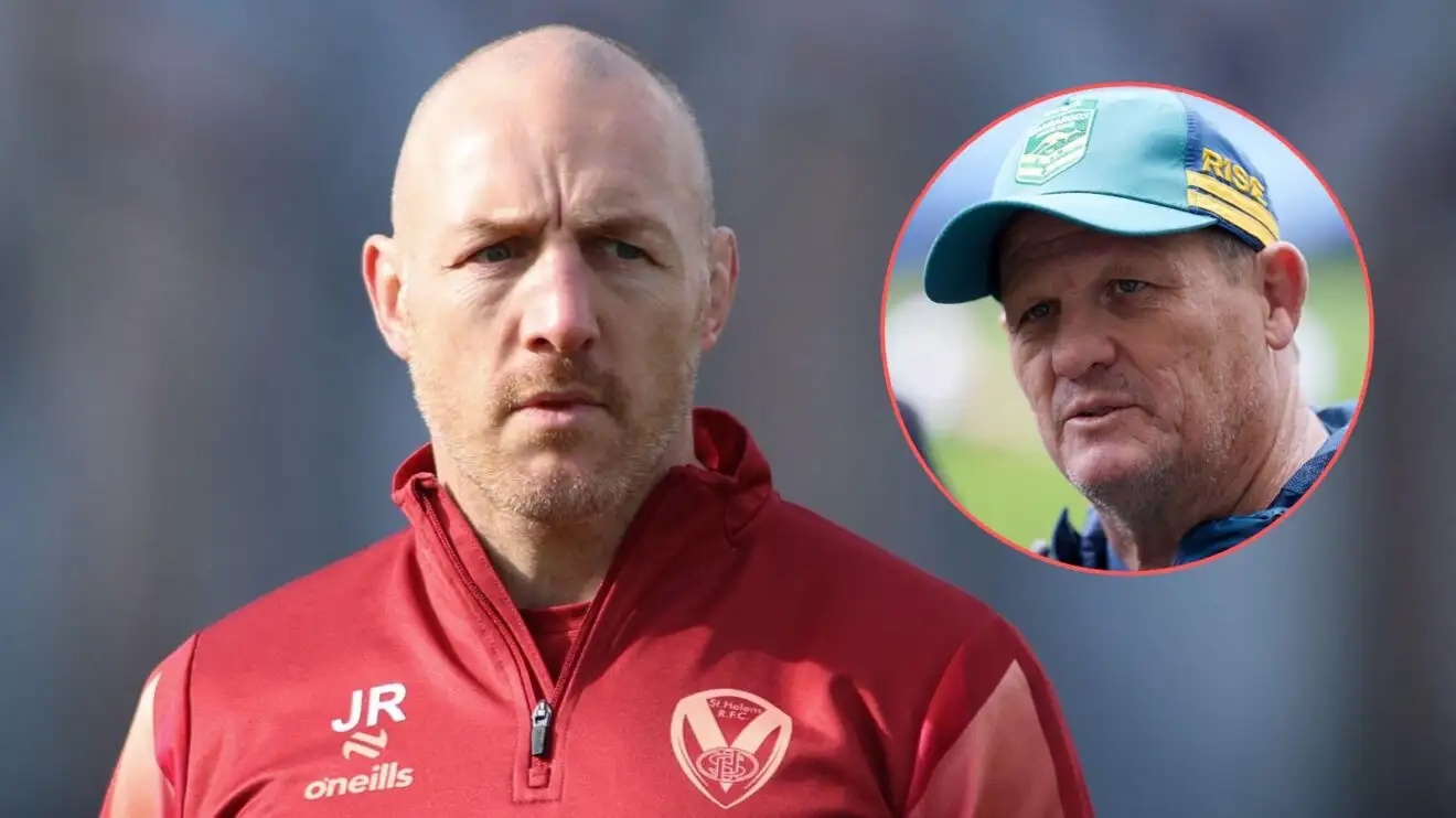 James Roby looks right towards an image of new St Helens head coach Kevin Walters overlaid in a circle