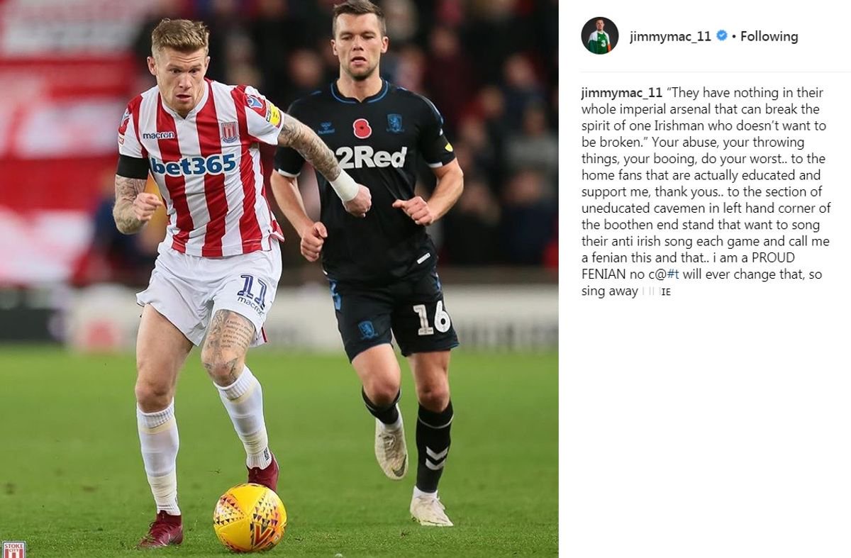 James McClean's message on Instagram following Stoke's draw with Middlesbrough in November 2018.