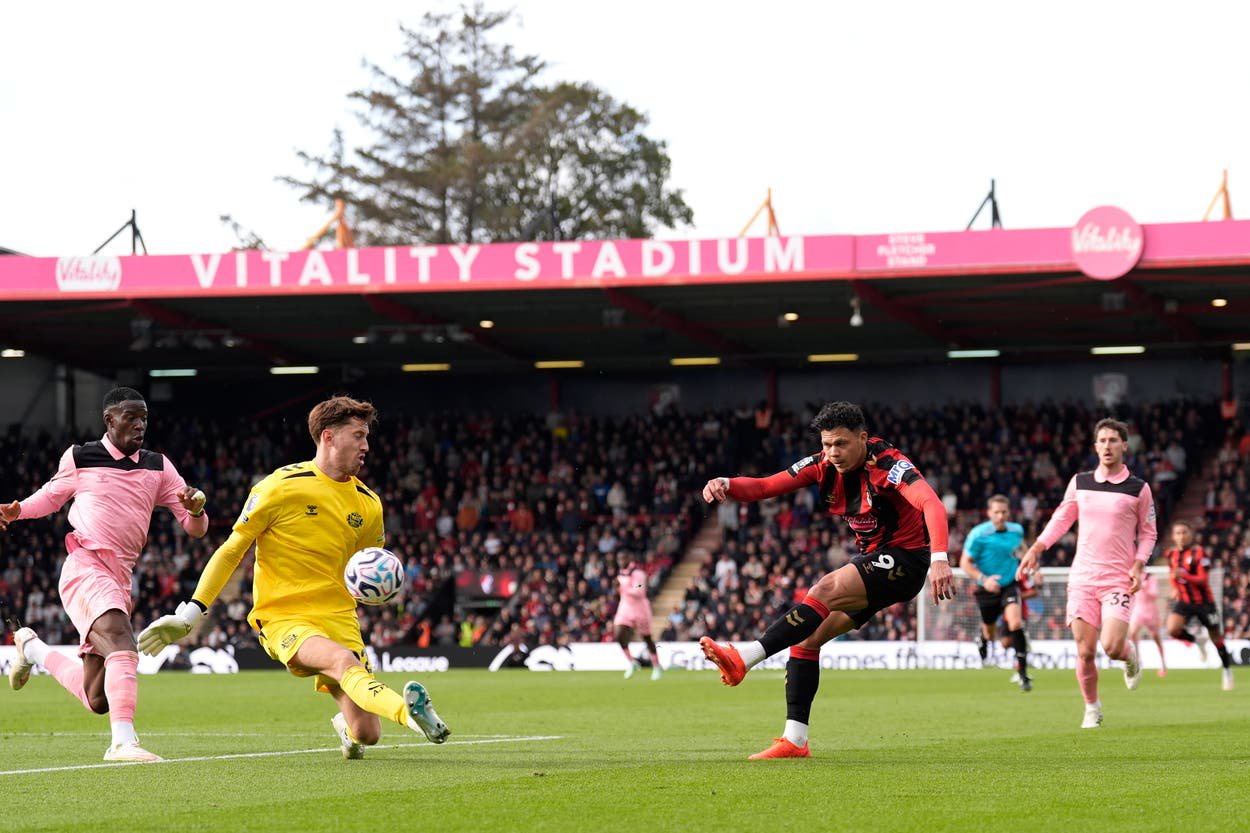 Bournemouth's Evanilson attempts a shot on goal during the Premier League match at the Vitality Stadium, Bournemouth. Picture date: Sunday October 18, 2026.