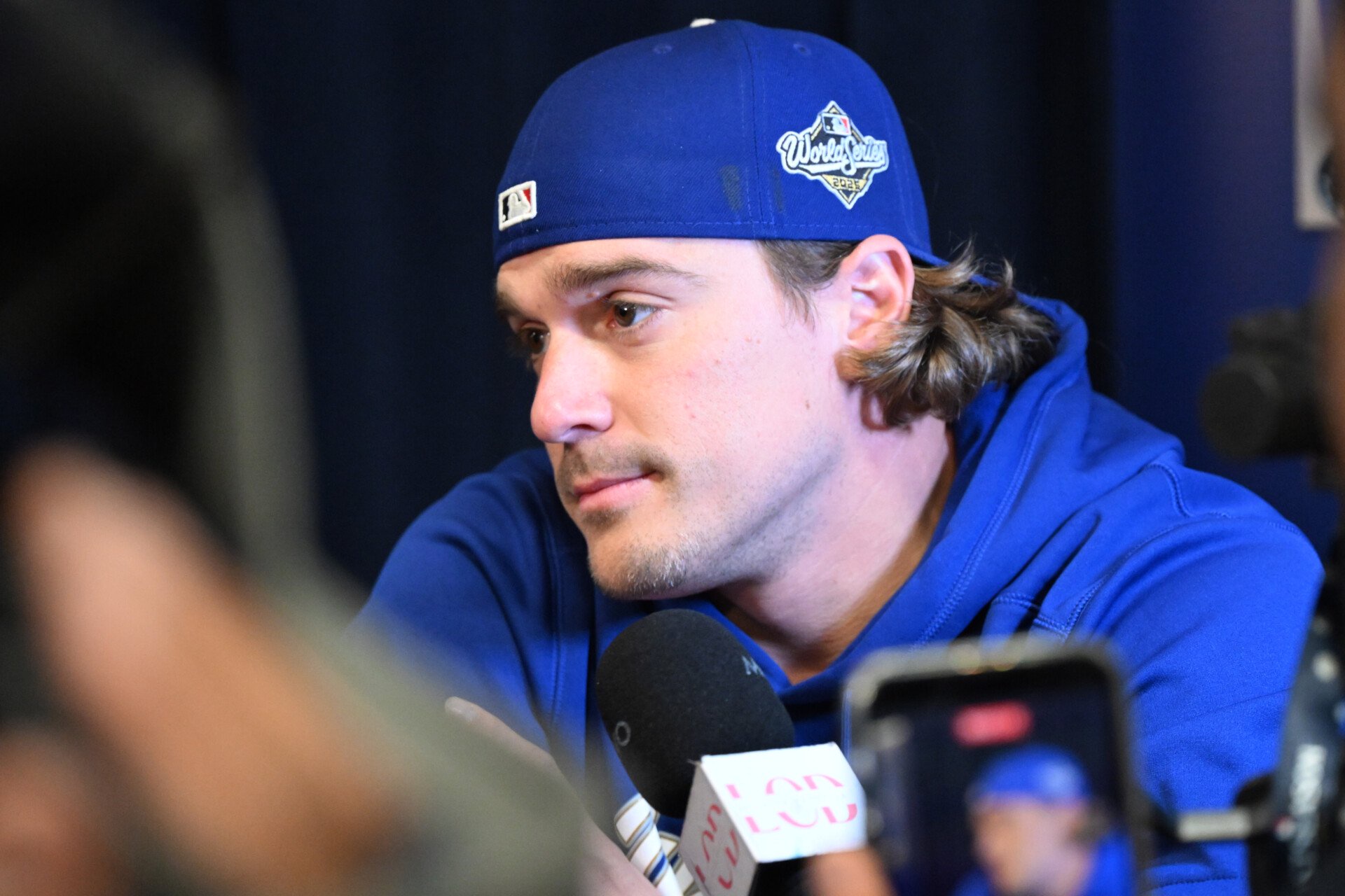 Oct 23, 2025; Toronto, ON, Canada; Los Angeles Dodgers first baseman Kike Hernandez (8) speaks to the media during media day and team workouts at Rogers Centre. Mandatory Credit: Dan Hamilton-Imagn Images