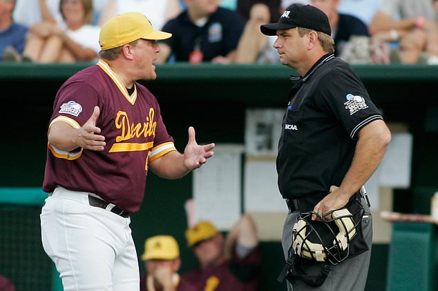 FILE - Arizona State coach Pat Murphy, left, protests to home plate umpire Jeff Henrichs after a balk call allowed UC Irvine's Taylor Holiday to score in the fourth inning of a College World Series baseball elimination game in Omaha, Neb., June 19, 2007. (AP Photo/Eric Francis, File)