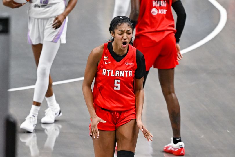 Atlanta forward Angel Reese (5) reacts