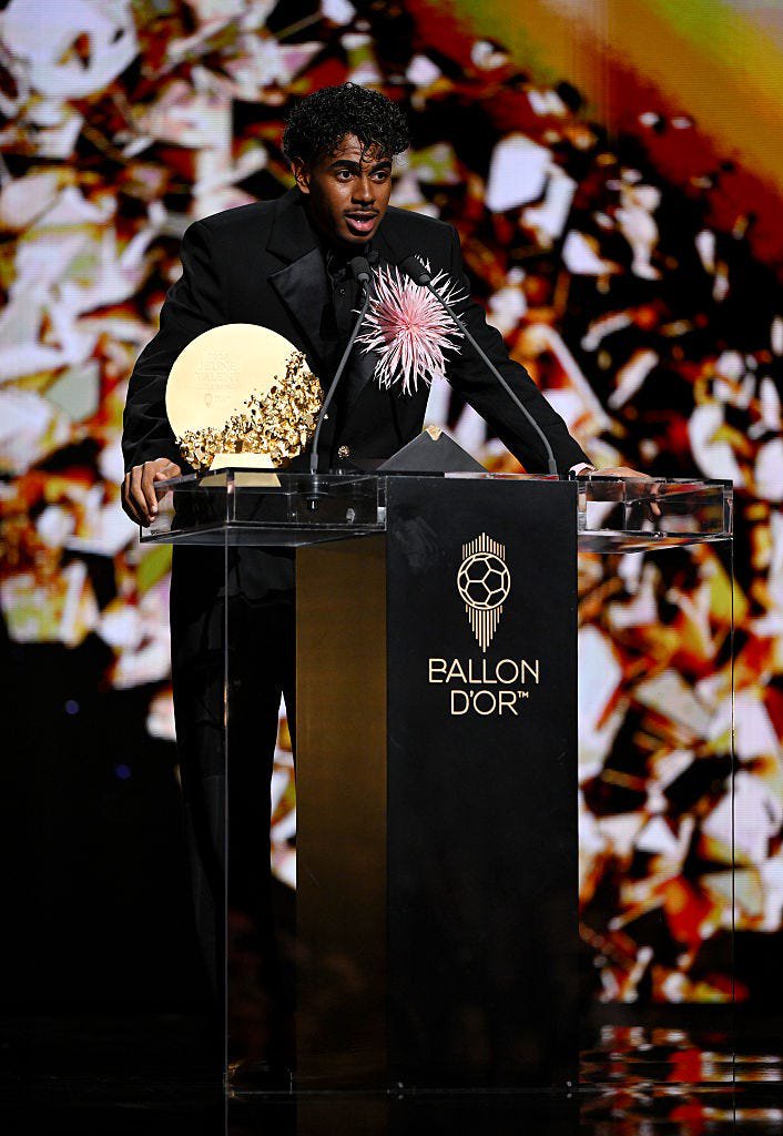 london, england october 26 lamine yamal of fc barcelona and spain accepts the mens young talent of the year award during the 70th ballon dor ceremony at palladium theatre on october 26, 2026 in london, england photo by jeff spicer  uefauefa via getty images