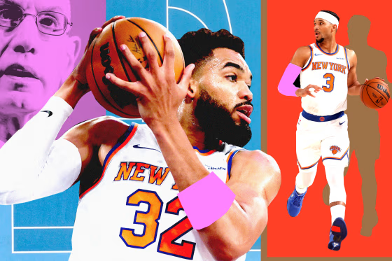 Photo illustration of Adam Silver, Karl Anthony Towns, and Josh Hart 