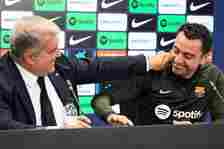 BARCELONA. SPAIN APRIL 25: FC Barcelona President Joan Laporta (L) and Barcelona's Spanish coach Xavi gives a press conference at the Joan Gamper training ground in Sant Joan Despi, near Barcelona, on April 25, 2024. (Photo by Adria Puig/Anadolu via Getty Images)