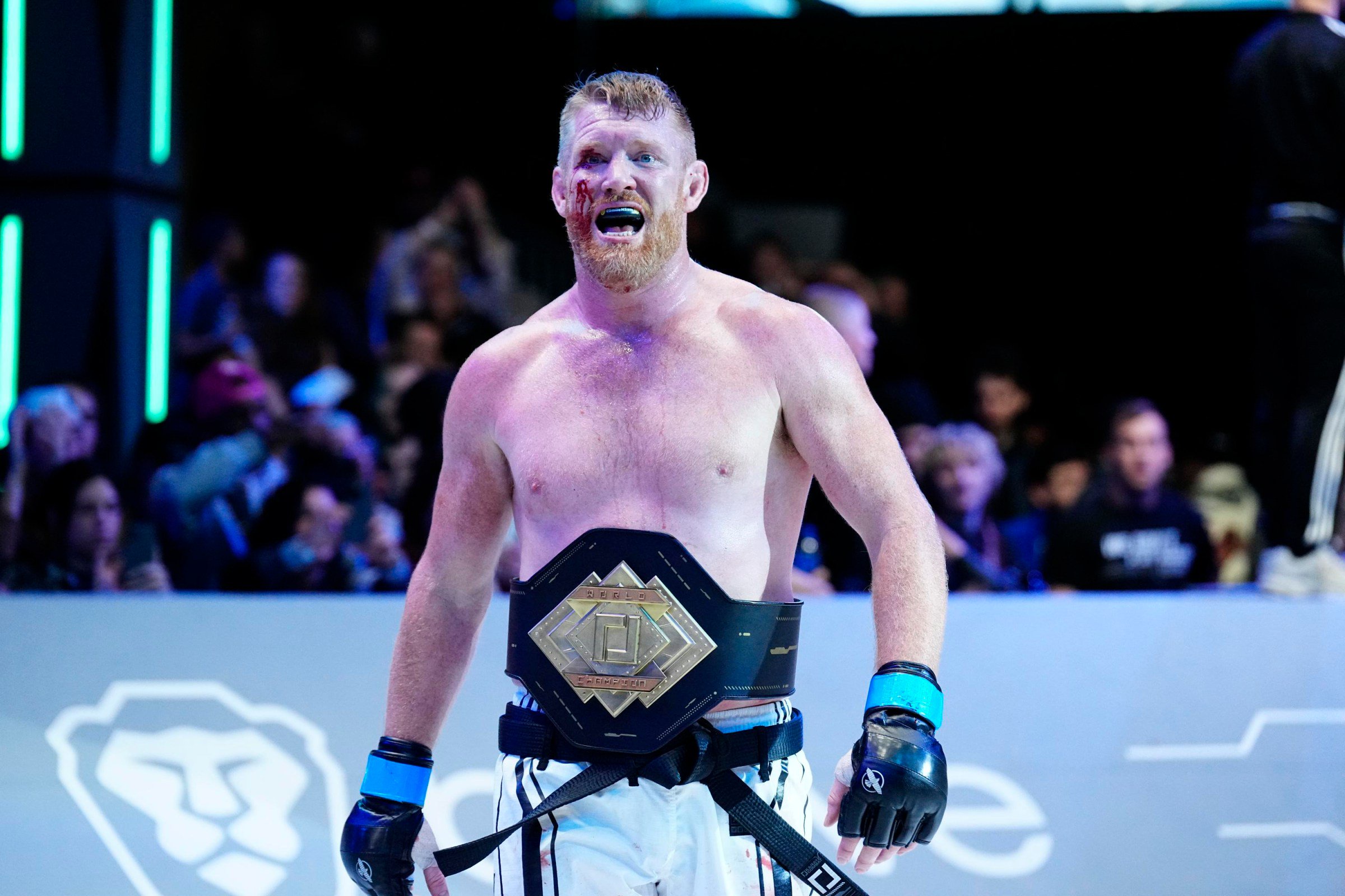 LAS VEGAS, NV - DECEMBER 15: Sam Alvey and Ross Levine take to the mat for a bout at during Karate Combat 43 on December 15, 2023, at World Market Center Expo in Las Vegas, NV. (Photo by Louis Grasse/PxImages/Icon Sportswire via Getty Images)