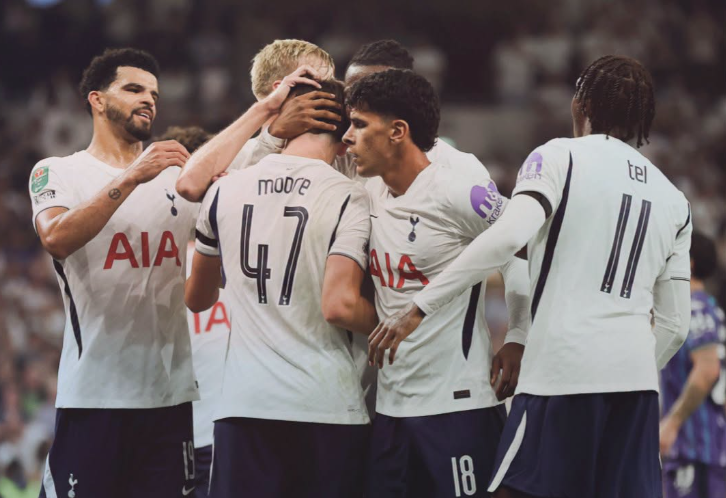 Tottenham Hotspur players celebrate their win against Charlton Athletic in the Carabao Cup encounter on Wednesday, August 26, 2026. PHOTO/https://www.facebook.com/TottenhamHotspur/photos