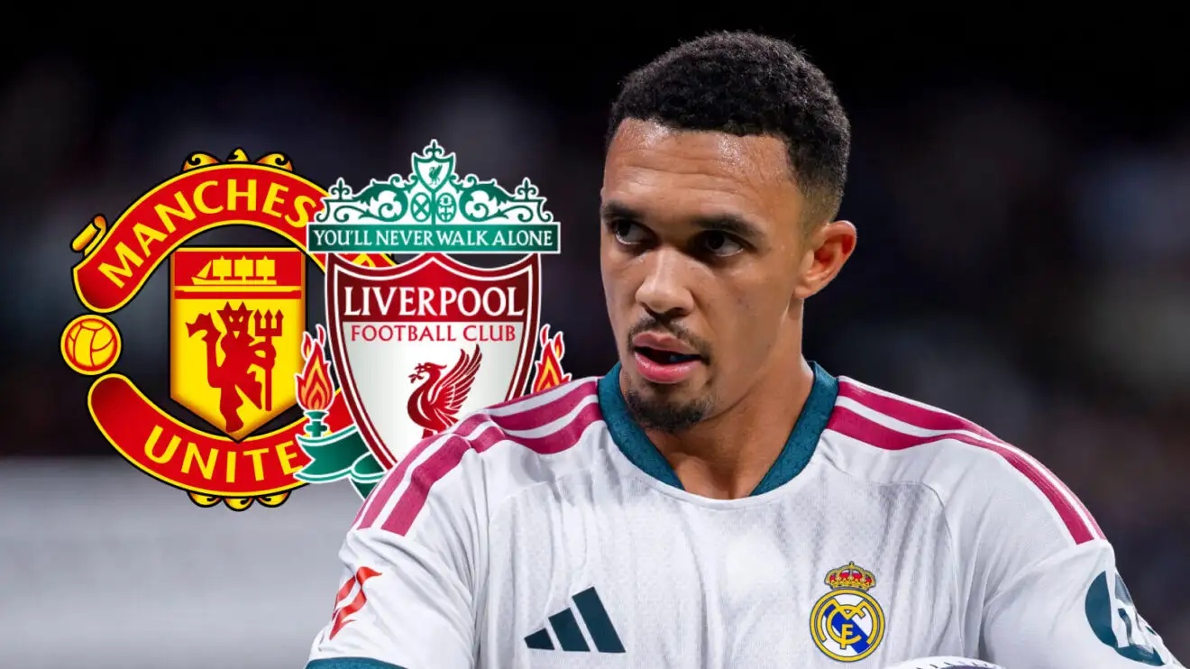 Trent Alexander-Arnold with Man Utd and Liverpool badges