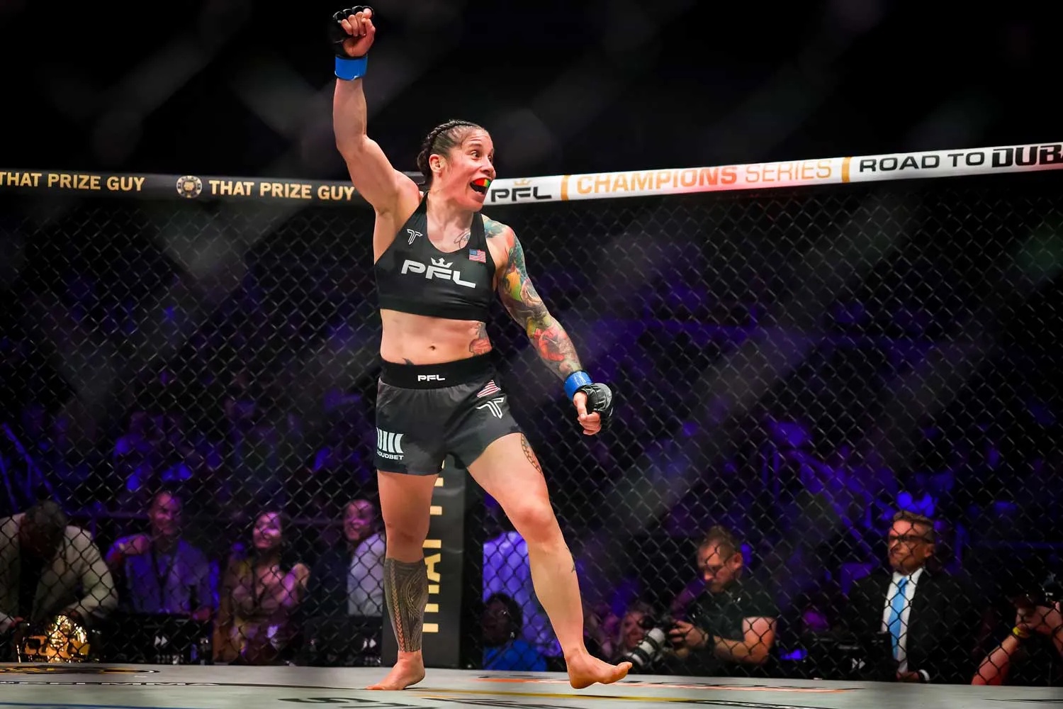 Liz Carmouche of United States reacts after defeating Jena Bishop during the 2025 PFL World Tournament Finals at Bojangles Coliseum on August 15, 2025 in Charlotte, North Carolina.