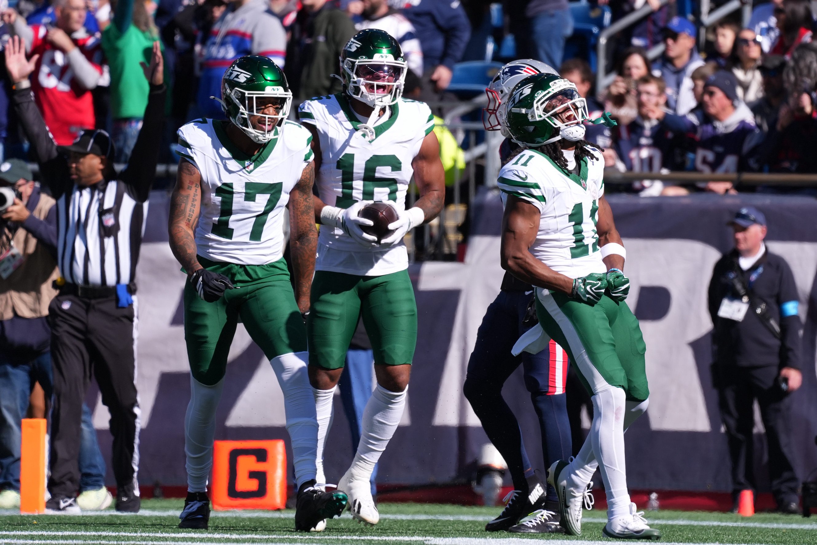 Oct 18, 2026; Foxborough, Massachusetts, USA;  New York Jets wide receiver Omar Cooper Jr. (11) reacts in the first half against the New England Patriots  at Gillette Stadium.  Mandatory Credit: David Butler II-Imagn Images