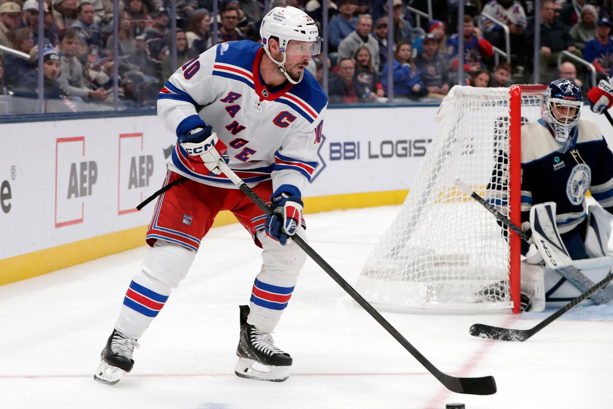 J.T. Miller controls the puck during the Rangers' 1-0 loss to the Blue Jackets on Oct. 17, 2026 in Columbus, Ohio.