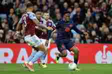 Jonathan David of Lille OSC and Diego Carlos of Aston Villa during the UEFA Europa Conference League 2023/24 Quarter-final first leg match between ...