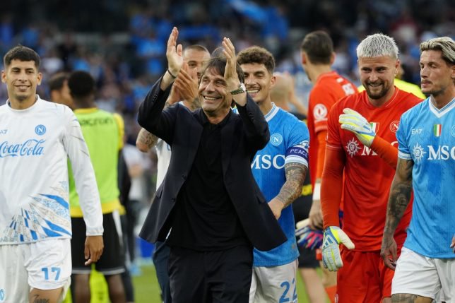 Antonio Conte Head Coach of SSC Napoli applauds fans at the end of the Serie A match between SSC Napoli and Udinese Calcio at Stadio Diego Armando Maradona Naples Italy on 24 May 2026. (Photo by Franco Romano/NurPhoto via Getty Images)
