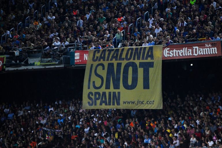 BARCELONA, SPAIN - AUGUST 23: A banner that reads 'Catalonia is not Spain' is displayed in the stand during the Super Cup first leg match between FC Barcelona and Real Madrid at Camp Nou on August 23, 2012 in Barcelona, Spain. (Photo by David Ramos/Getty Images)