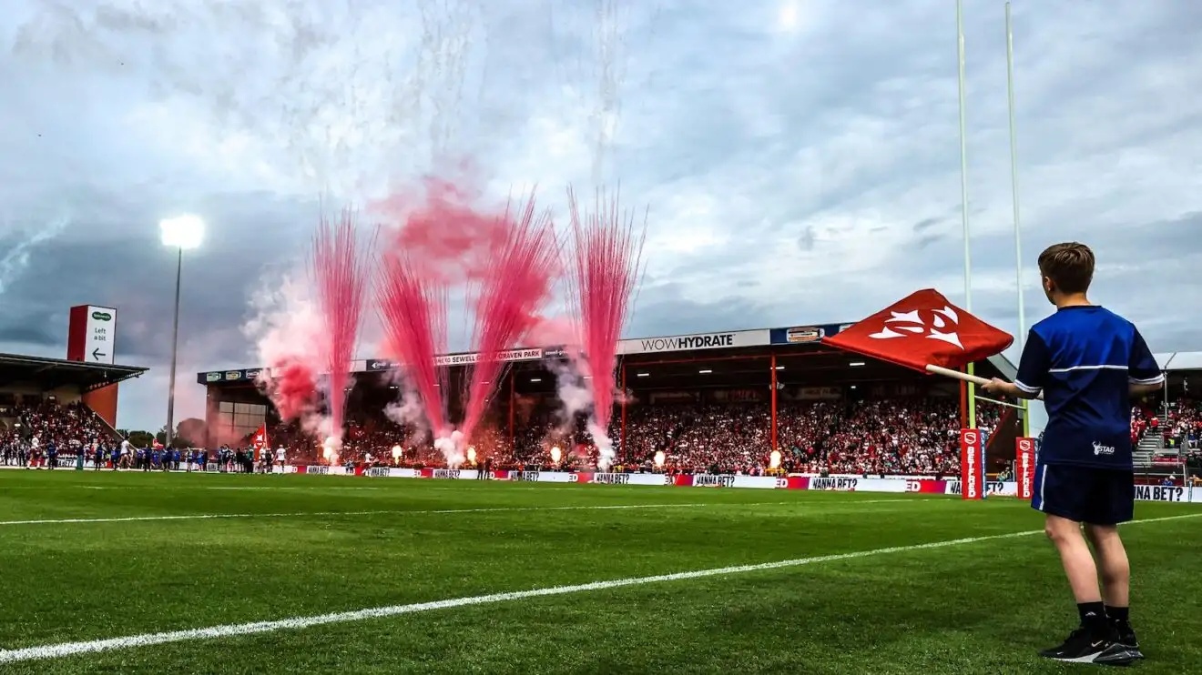 A general view of Craven Park, the home of Hull KR, taken ahead of a game in 2026 as pyrotechnics are let off
