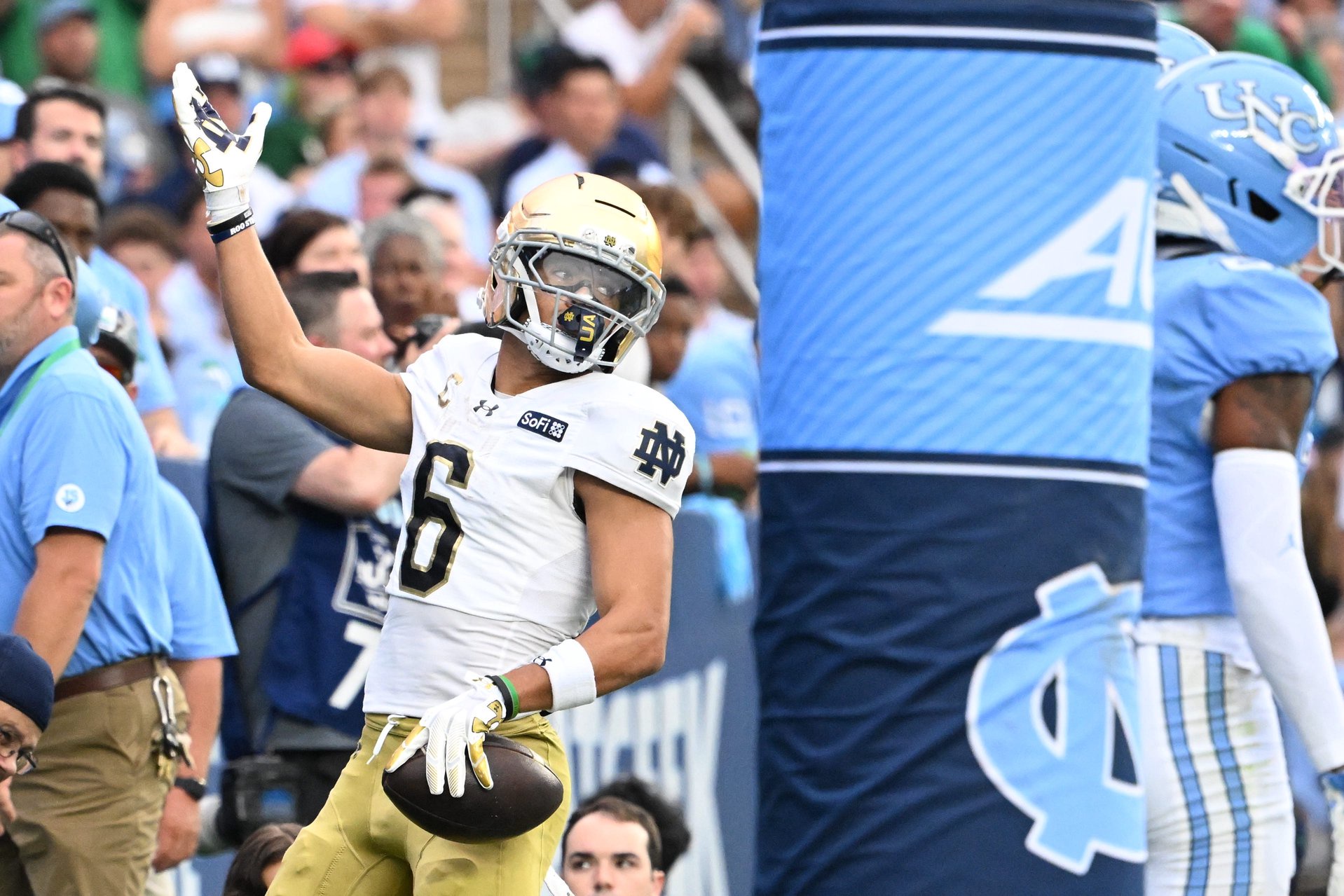 Oct 3, 2026; Chapel Hill, North Carolina, USA;  Notre Dame Fighting Irish wide receiver Jordan Faison (6) reacts after scoring a touchdown in the first quarter at Kenan Stadium. Mandatory Credit: Bob Donnan-Imagn Images