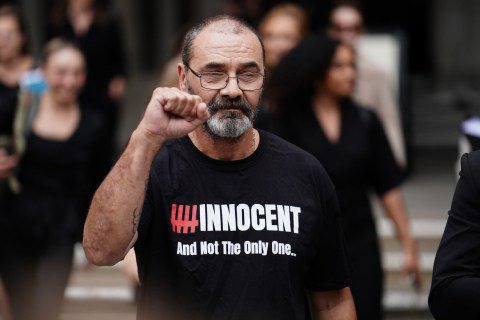 Andrew Malkinson, who spent 17 years in prison for a rape he did not commit, outside the Royal Courts of Justice in London, after being cleared by the Court of Appeal.  Picture date: Wednesday July 26, 2023. PA Photo.  Mr Malkinson, 57, was found guilty of raping a woman in Greater Manchester in 2003 and the following year was jailed for life with a minimum term of seven years.  Picture date: Wednesday July 26, 2023. PA Photo.  See PA COURTS Malkinson story.  Photo credit should be as follows: Jordan Pettitt/PA Wire