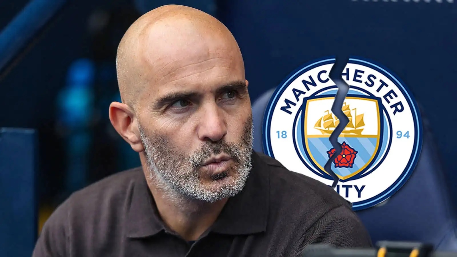 Manchester City boss Enzo Maresca next to a cracked club badge - image copyright of TEAMtalk.com