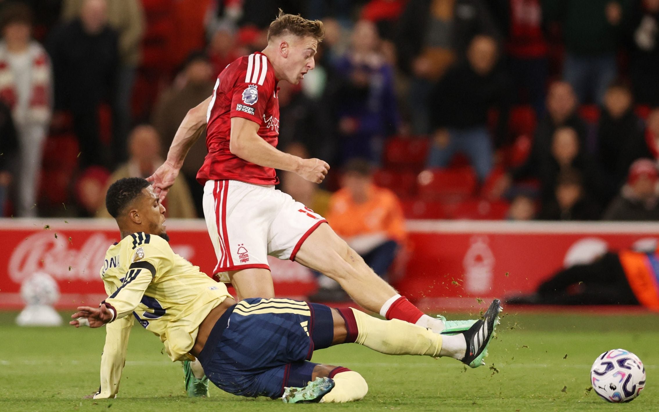 Ezri Konsa blocks a Liam Delap shot in Nottingham Forest's win over Arsenal