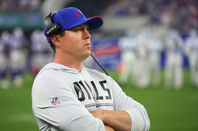 FILE - Buffalo Bills defensive coordinator Jim Leonhard looks on during an NFL football game against the Detroit Lions in Orchard Park, N.Y., Sept. 17, 2026. (AP Photo/Jeffrey T. Barnes, File)