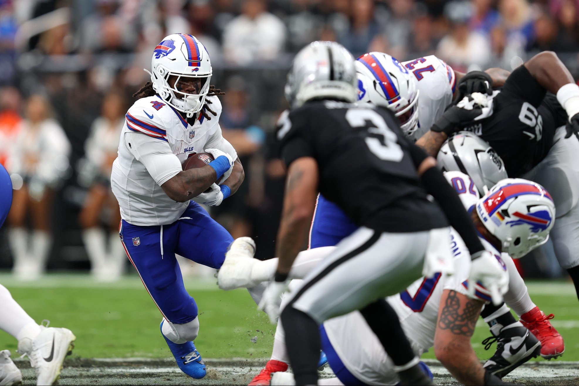 Oct 18, 2026; Paradise, Nevada, USA;  Buffalo Bills running back James Cook III (4) runs the ball in the first quarter against the Las Vegas Raiders at Allegiant Stadium.  Mandatory Credit: David Brytus-Imagn Images