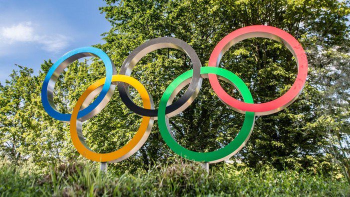 LAUSANNE, SWITZERLAND - JUNE 18: Olympic logo in front of the new Olympic House of International Olympic Committee on June 18, 2019 in Lausanne, Switzerland. (Photo by Robert Hradil/Getty Images)