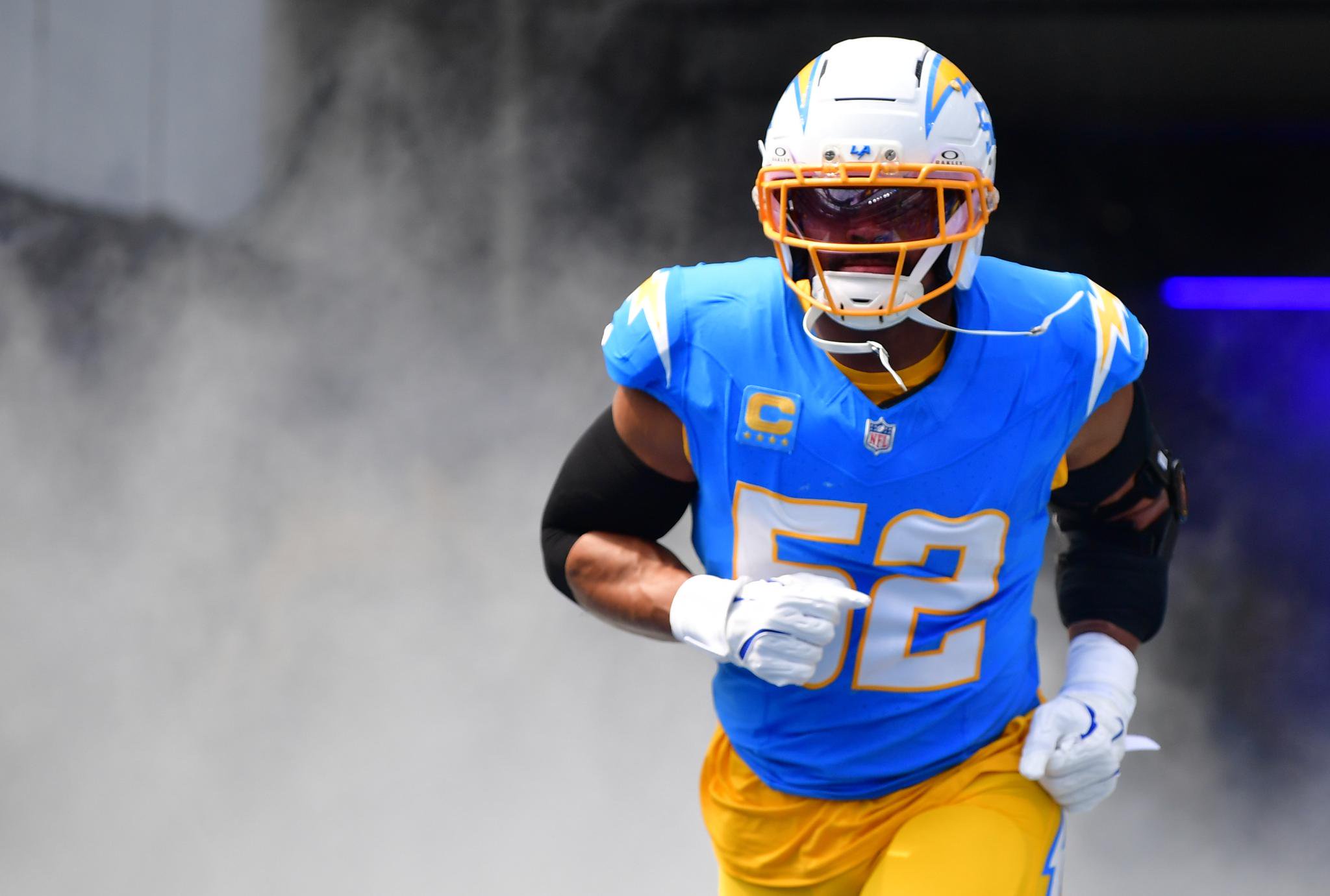 Los Angeles Chargers linebacker Khalil Mack (52) is introduced prior to a game against the Las Vegas Raiders at SoFi Stadium in Inglewood, California, Sunday, Sept. 20, 2026.