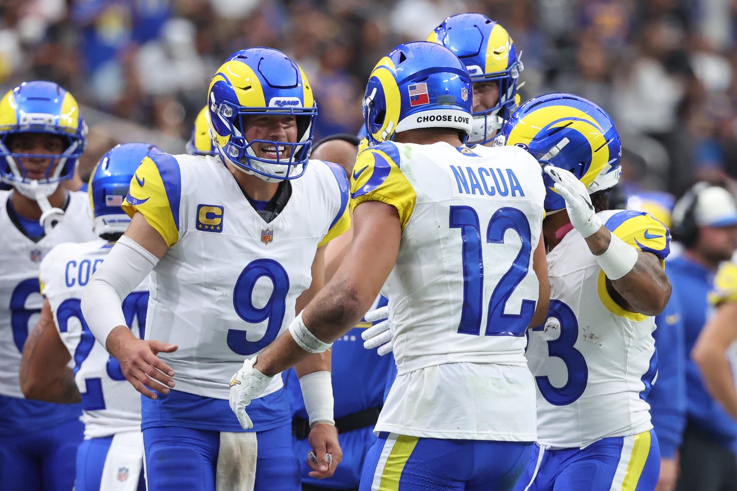 LAS VEGAS, NEVADA - OCTOBER 25: Matthew Stafford #9 of the Los Angeles Rams celebrates with Puka Nacua #12 after a touchdown against the Las Vegas Raiders during the second quarter at Allegiant Stadium on October 25, 2026 in Las Vegas, Nevada. (Photo by Ian Maule/Getty Images)