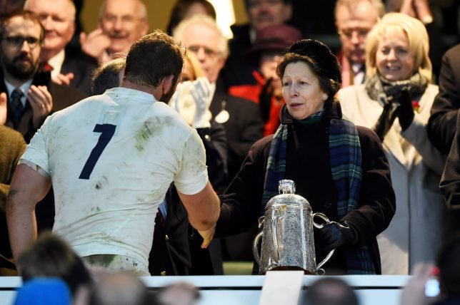 LONDON, ENGLAND - MARCH 14: Princess Anne, The Princess Royal hands Chris Robshaw of England the Calcutta Cup the RBS Six Nations match between England and Scotland at Twickenham Stadium on March 14, 2015 in London, England. (Photo by Laurence Griffiths/Getty Images)