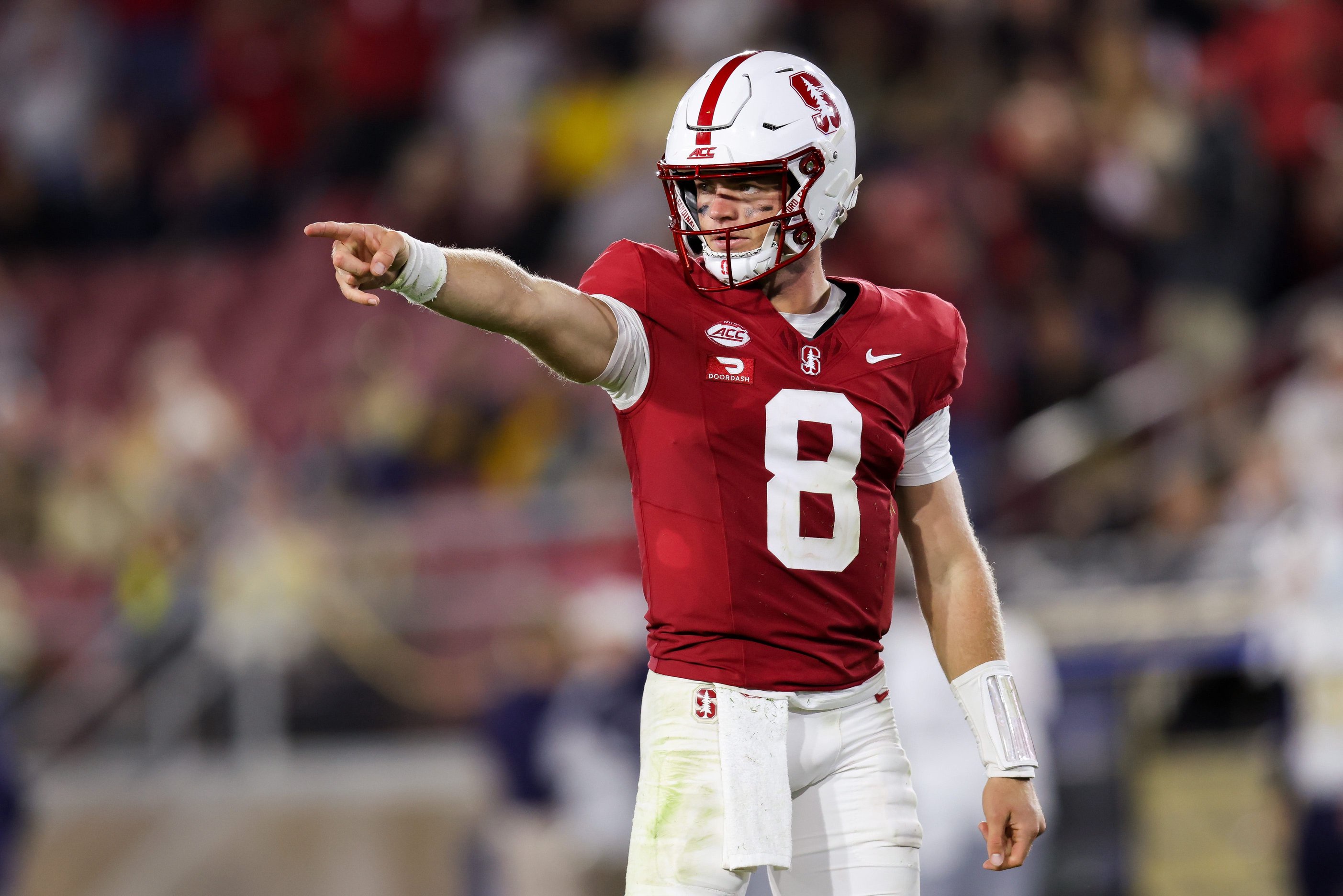 Sep 26, 2026; Stanford, California, USA;  Stanford Cardinal quarterback Davis Warren (8) reacts after a touchdown during the third quarter against the Georgia Tech Yellow Jackets at Stanford Stadium.  Mandatory Credit: Sergio Estrada-Imagn Images