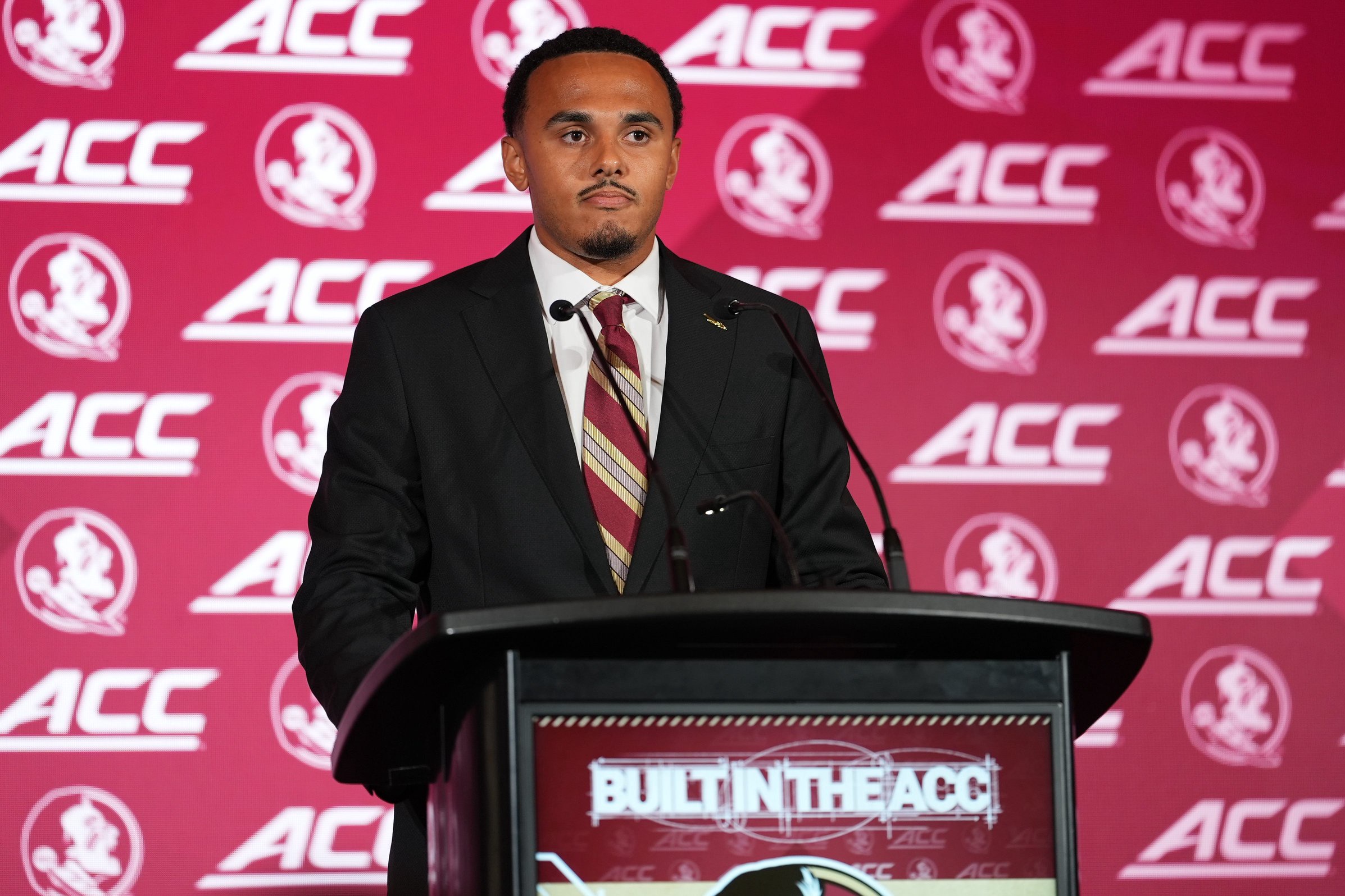 Jul 15, 2026; Charlotte, NC, USA;  Florida State Seminoles quarterback Ashton Daniels  speaks to the media during ACC Media Days at Hilton Charlotte Uptown. Mandatory Credit: Jim Dedmon-Imagn Images