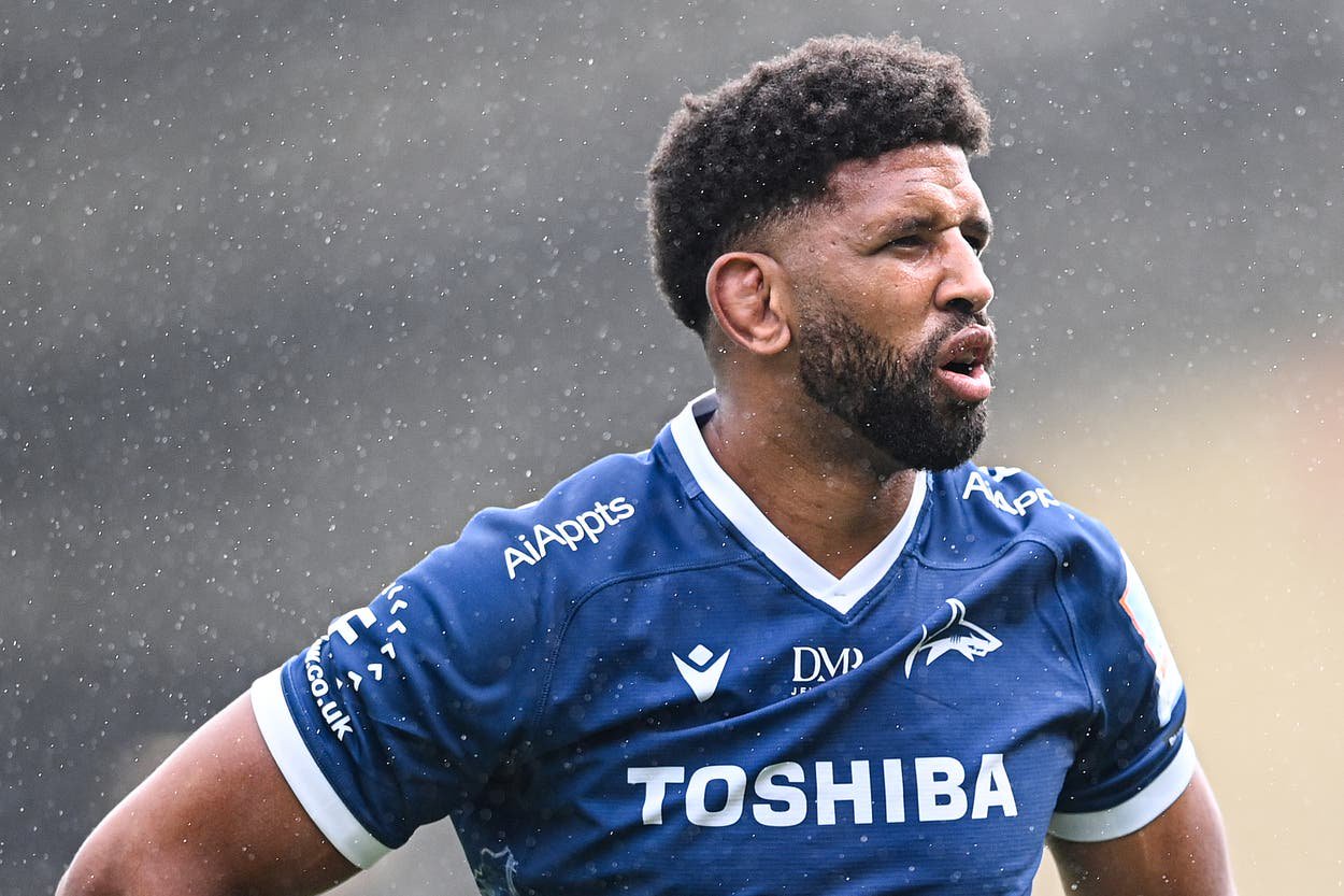 Hyron Andrews of Sale Sharks during the Gallagher PREM match between Sale Sharks and Bristol Bears in June 2025