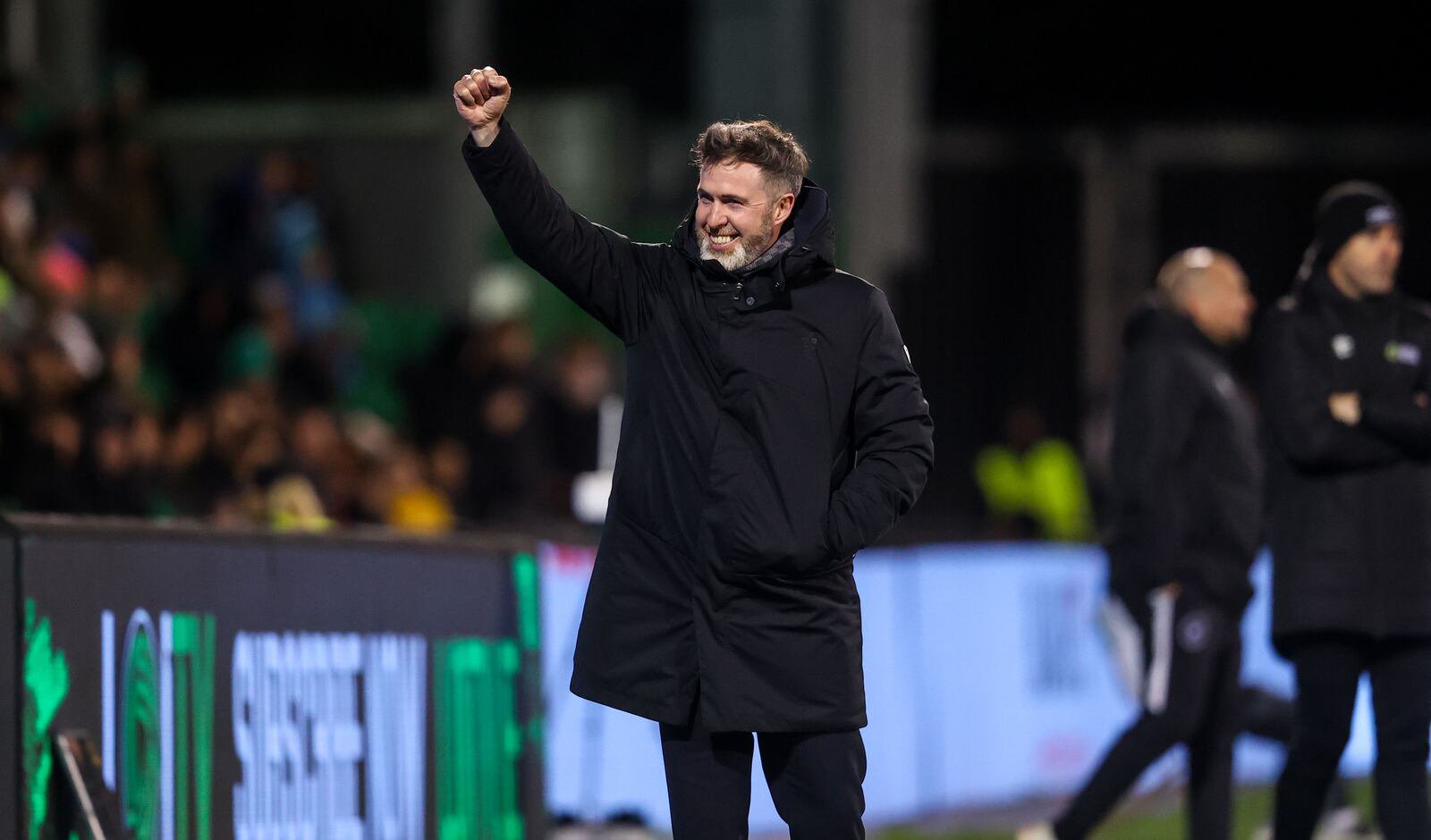 Shamrock Rovers' manager Stephen Bradley celebrates upon hearing the result of the Bohemains vs Shelbourne game. Photograph: Nick Elliott/Inpho