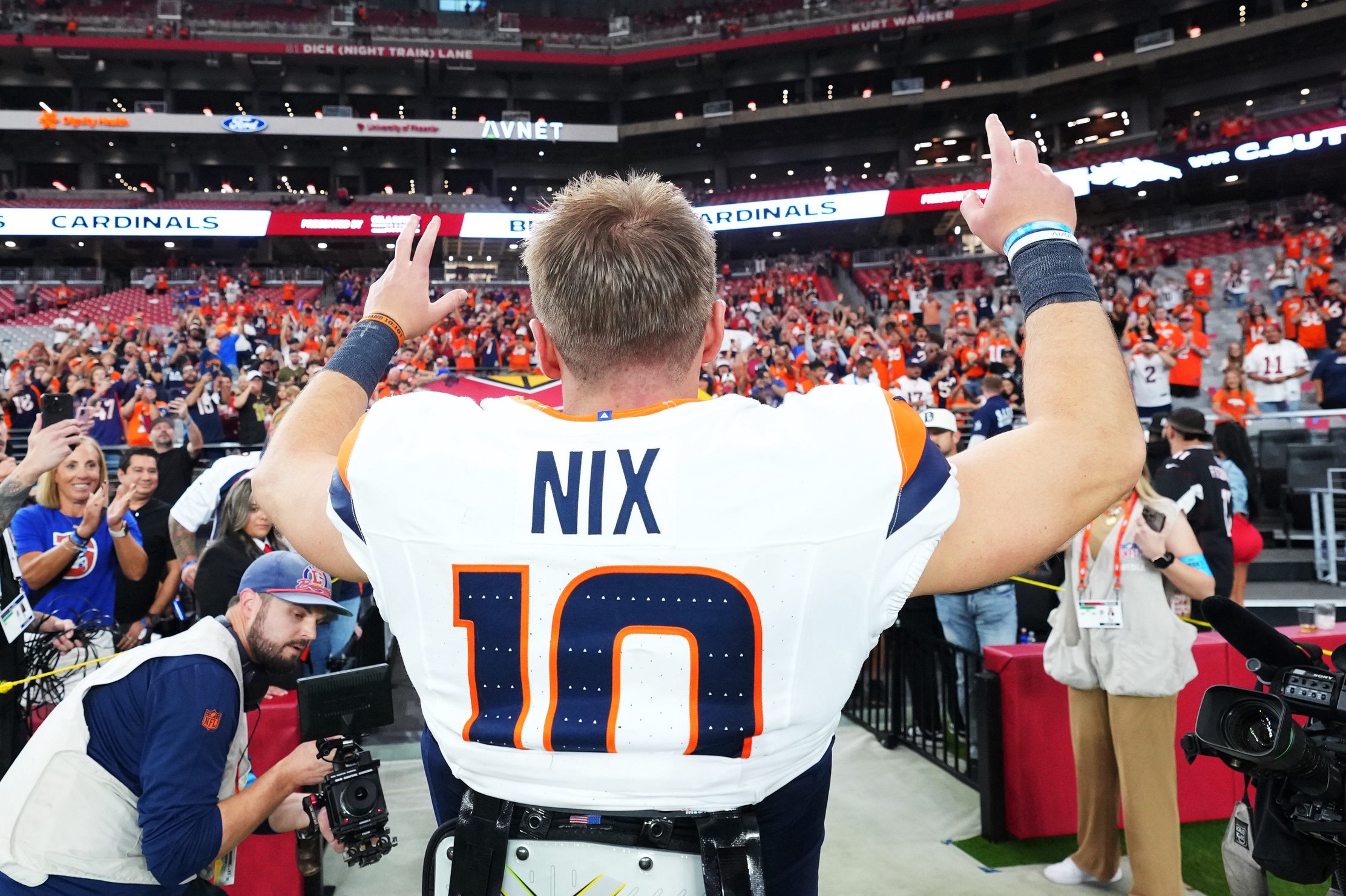 Oct 25, 2026; Glendale, Arizona, USA;  Denver Broncos quarterback Bo Nix (10) reacts after the game against the Arizona Cardinals at State Farm Stadium.  Mandatory Credit: Joe Camporeale-Imagn Images