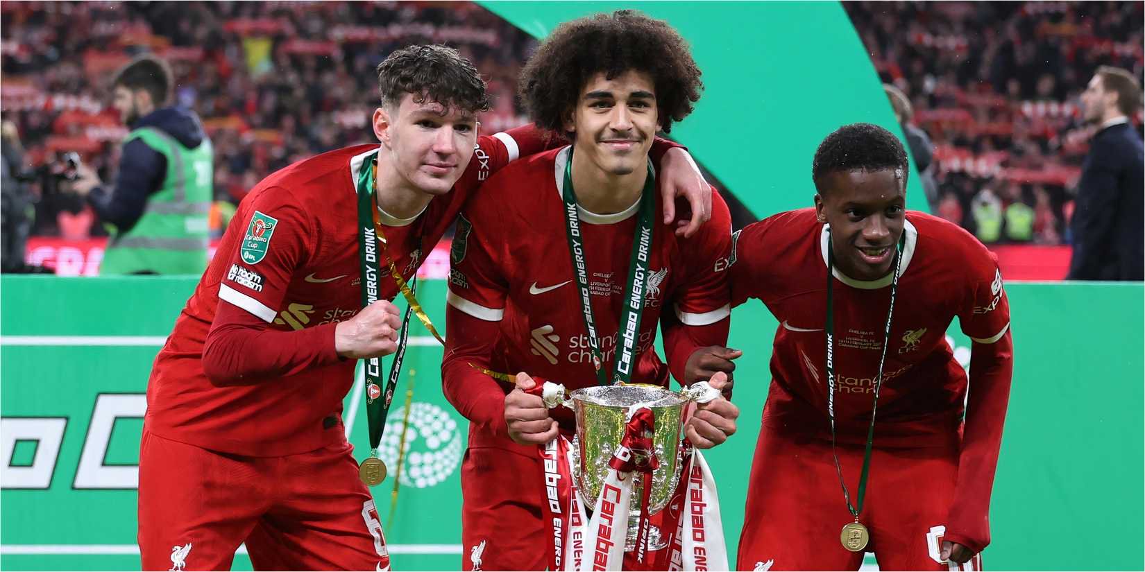 Lewis Koumas, Jayden Danns and Trey Nyoni with the EFL Cup trophy