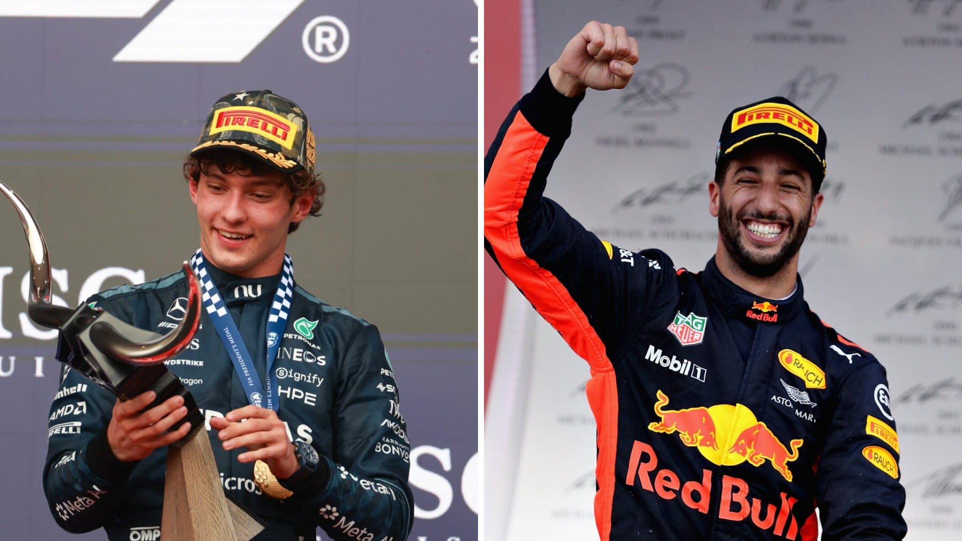 Split image of Kimi Antonelli of Mercedes on the 2026 United States Grand Prix podium and Daniel Ricciardo on the 2017 Azerbaijan Grand Prix podium...