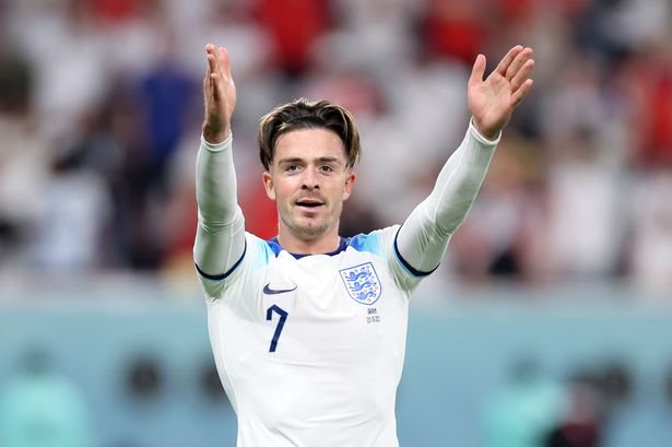 DOHA, QATAR - NOVEMBER 21: Jack Grealish of England celebrates after scoring their team's sixth goal during the FIFA World Cup Qatar 2022 Group B match between England and IR Iran at Khalifa International Stadium on November 21, 2022 in Doha, Qatar