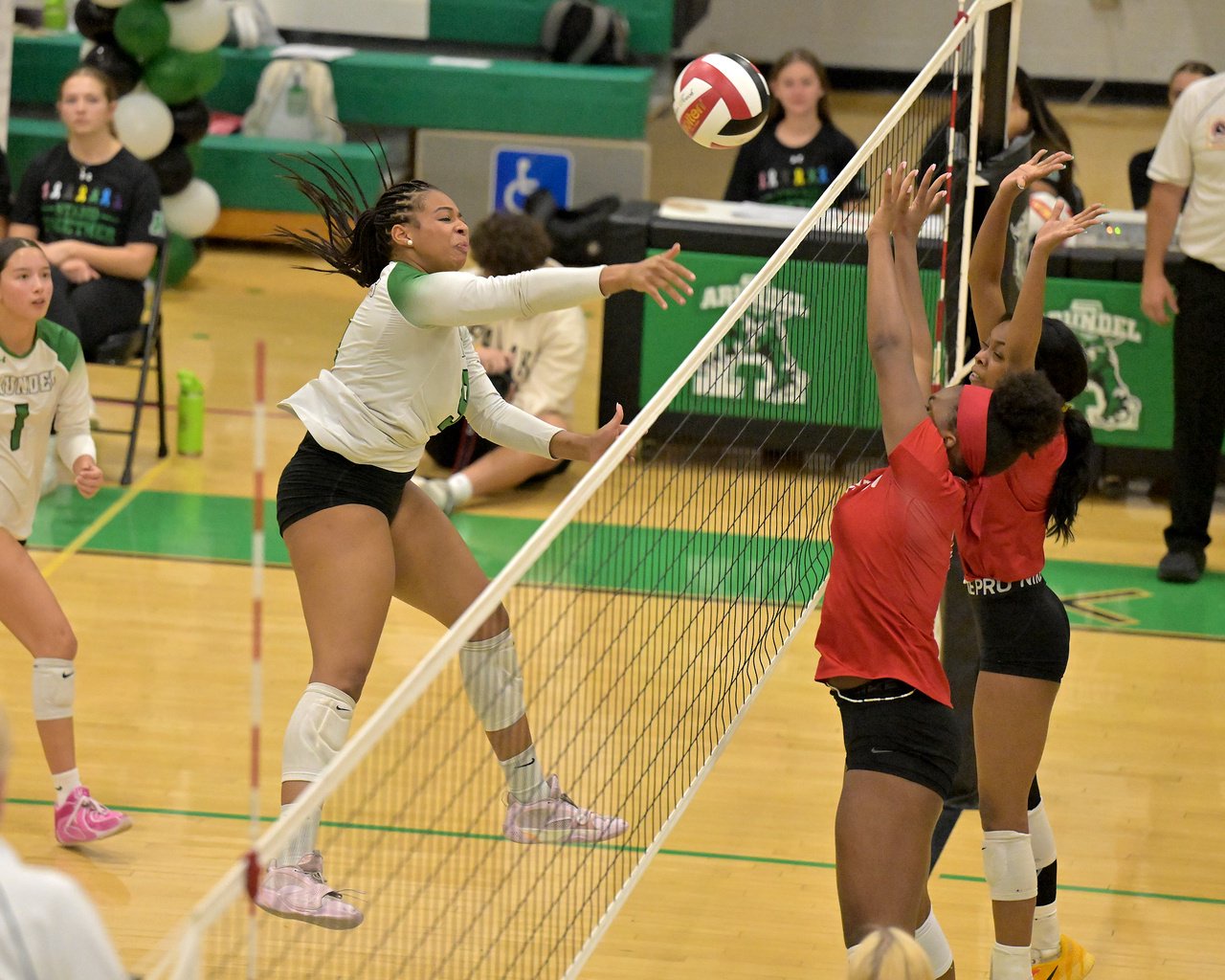 Arundel Wildcats Jaleah Lawhorn #9 gets a kill in the second set. The Arundel Wildcats defeated the visiting Crofton Cardinals in three sets in their high school volleyball match Tuesday evening. (Paul W. Gillespie/Staff)