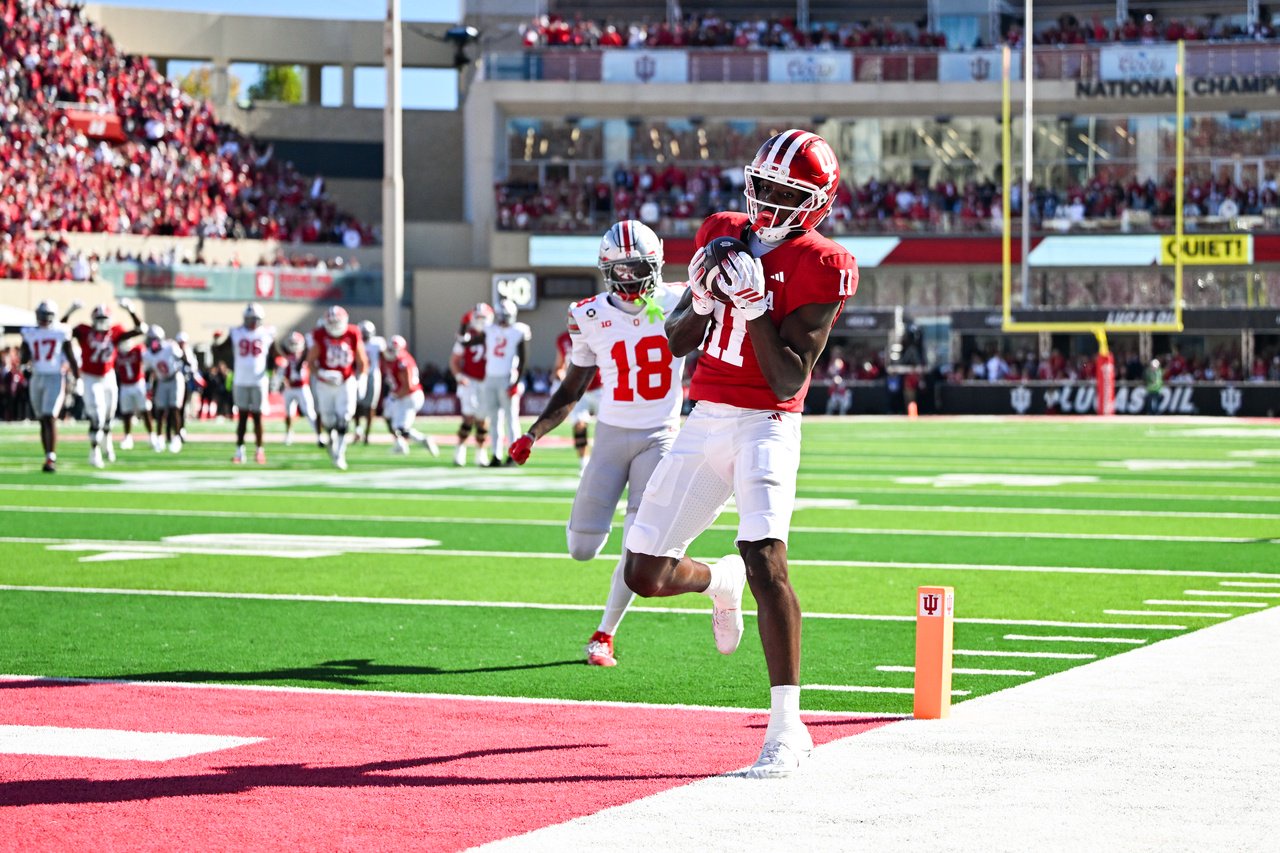 BLOOMINGTON, IN - OCTOBER 17: Indiana Hoosiers WR Nick Marsh (11) catches what would have been a game go-ahead touchdown while stepping out of bounds during a college football game between the Ohio State Buckeyes and Indiana Hoosiers on October 17, 2026 at Memorial Stadium in Bloomington, IN. (Photo by James Black/Icon Sportswire via Getty Images)