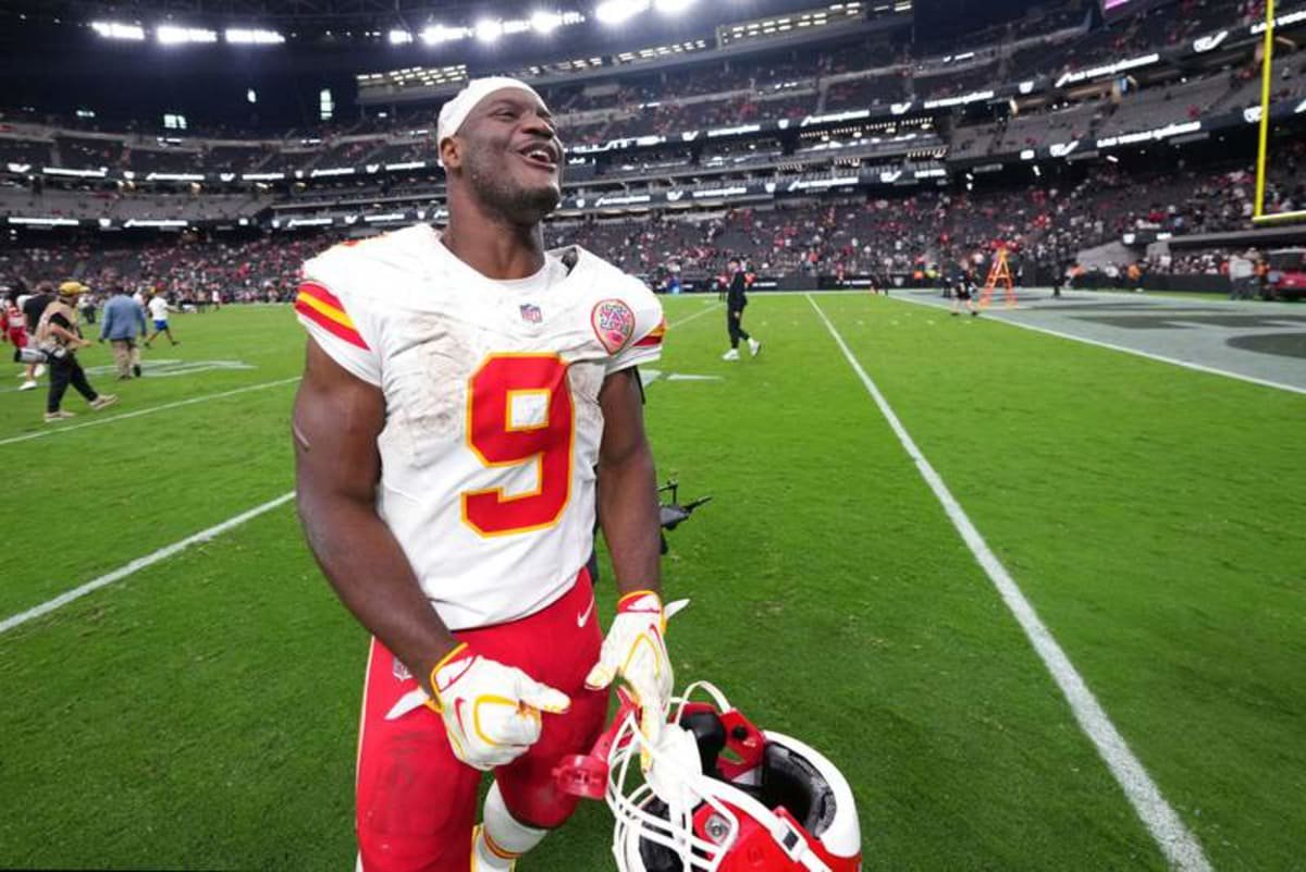 Oct 4, 2026; Paradise, Nevada, USA; Kansas City Chiefs running back Kenneth Walker III (9) reacts and walks off the field after a game against the Las Vegas Raiders at Allegiant Stadium. © Joe Camporeale-Imagn Images