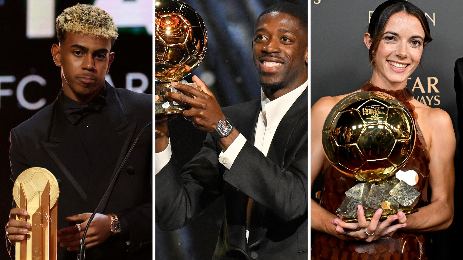 A split screen image of Lamine Yamal, Ousmane Dembele and Aitana Bonmati holding their trophies at the 2025 Ballon D'or Ceremony