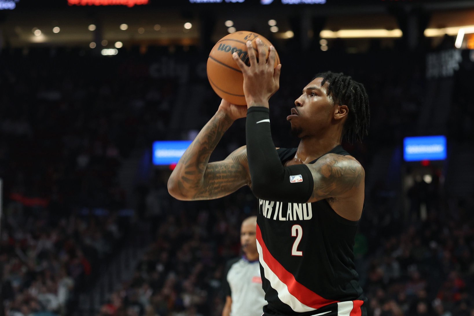 Jan 11, 2026; Portland, Oregon, USA; Portland Trail Blazers guard Caleb Love (2) shoots the ball against the New York Knicks during the first half at Moda Center. Mandatory Credit: Jaime Valdez-Imagn Images
