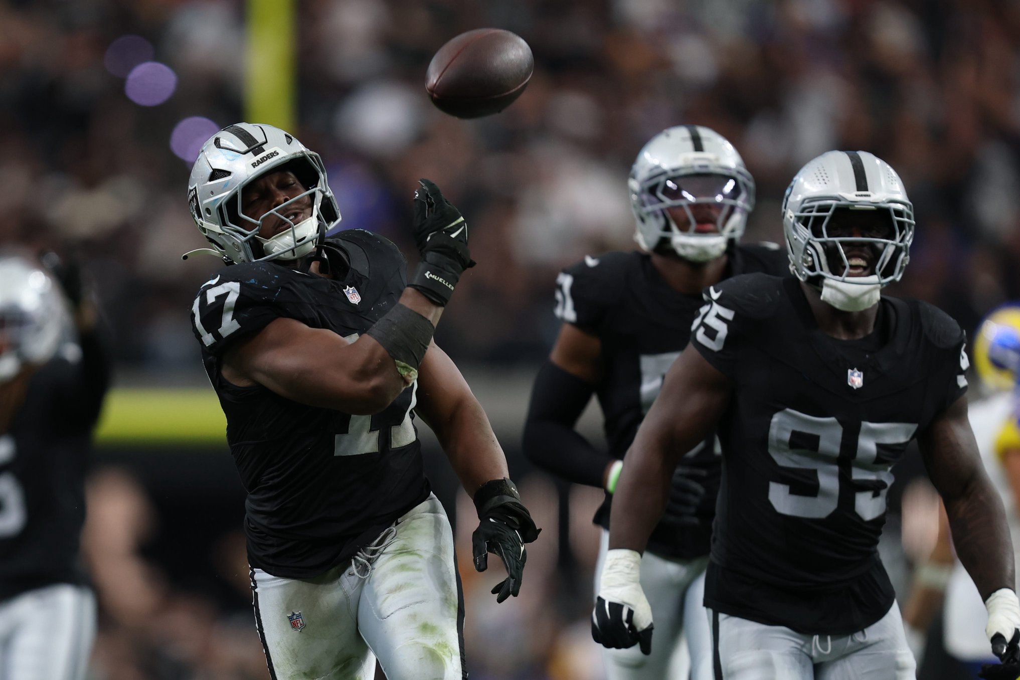 Oct 25, 2026; Paradise, Nevada, USA;  Las Vegas Raiders linebacker Nakobe Dean (17) reacts after an interception in the second half at Allegiant Stadium.  Mandatory Credit: David Brytus-Imagn Images