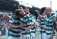 Matt O'Riley of Celtic celebrates after team mate Paulo Bernardo scores their second goal during the Cinch Scottish Premiership match between Livin...