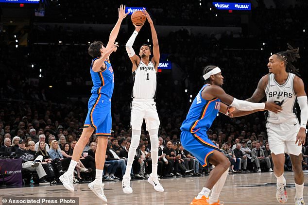 San Antonio Spurs center Victor Wembanyama (1) shoots against Oklahoma City Thunder center Aday Mara during the first half of an NBA basketball game, Tuesday, Oct. 20, 2026, in San Antonio. (AP Photo/Darren Abate)