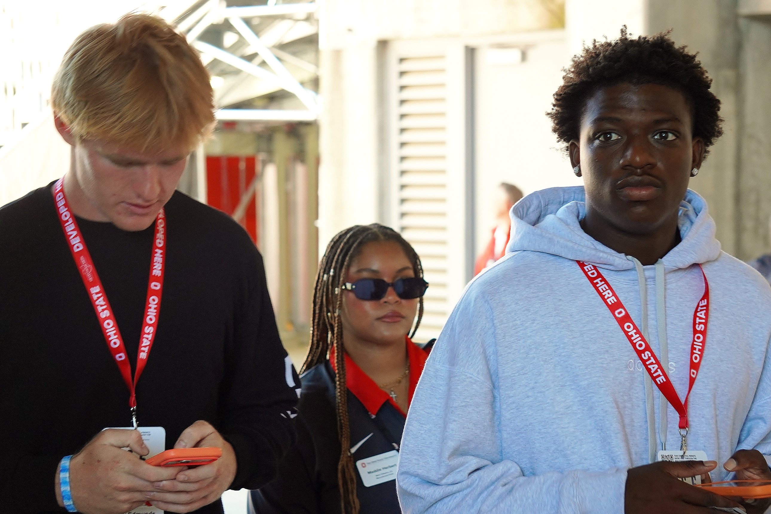 Ohio State commit Brady Edmunds (left), a quarterback out Huntington Beach, California, and fellow OSU commit Jamier Brown, a wide receiver from Wayne, attend the Buckeyes football game against Illinois on Sept. 26, 2026.