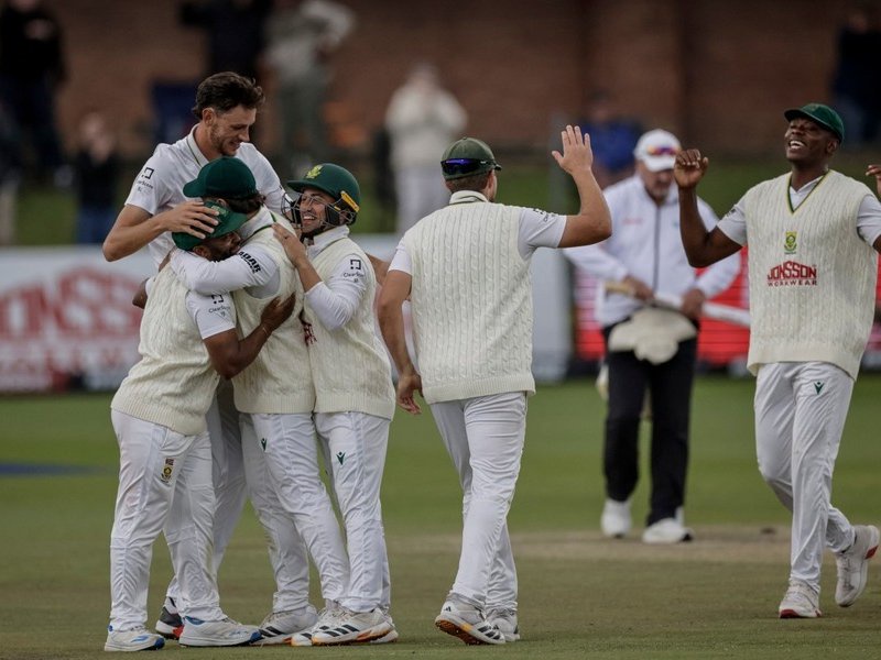 Proteas players celebrate winning second Test against Australia in October 2026