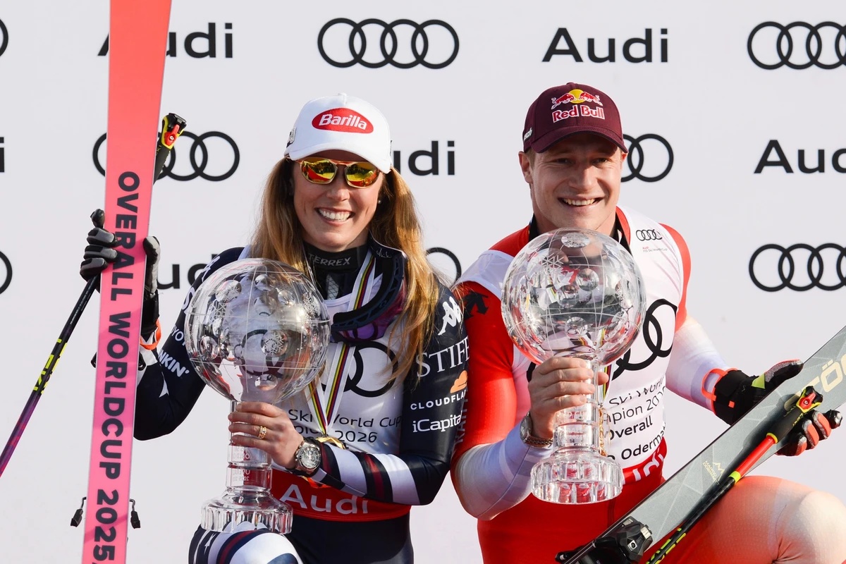 March 25, 2026, Hafjell, Norway: Mikaela Shiffrin of the Unites States and Marco Odermatt of Switzerland with their crystal globes for being the overall champions for the 2025/26 FIS Alpine World Cup  ...
