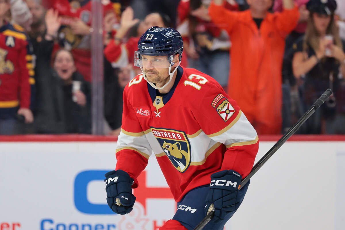 Oct 30, 2026; Sunrise, Florida, USA; Florida Panthers center Sam Reinhart (13) looks on after scoring against the Winnipeg Jets during the first period at Amerant Bank Arena. Mandatory Credit: Sam Navarro-Imagn Images