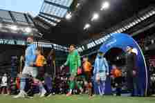 Kyle Walker of Manchester City leads the team out prior to the UEFA Champions League quarter-final second leg match between Manchester City and Rea...